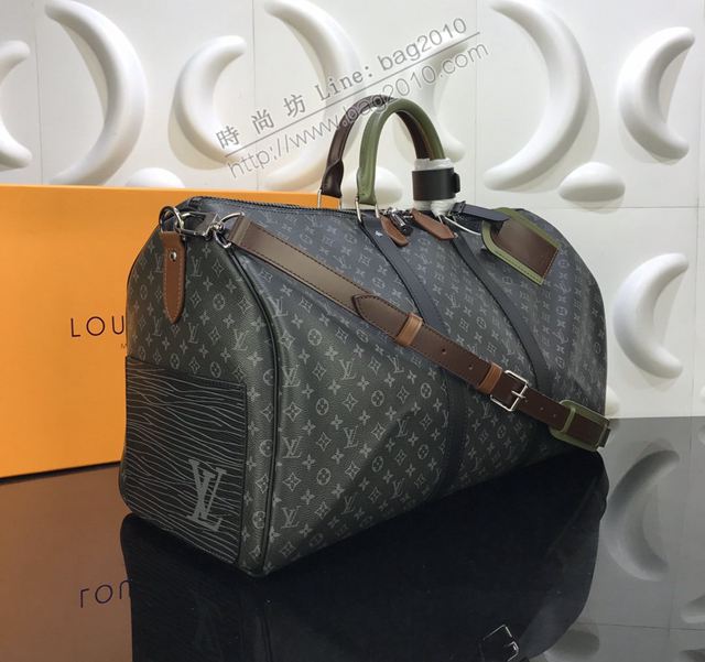 LV包 lv旅行包 M58669 KEEPALL旅行袋 黑灰Monogram Eclipse小字母帆布 LV50手提袋  ydh3526